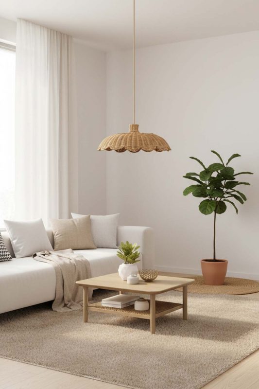 Scandinavian Living Room Scalloped Woven Rattan Pendant Light Minimalist Decor