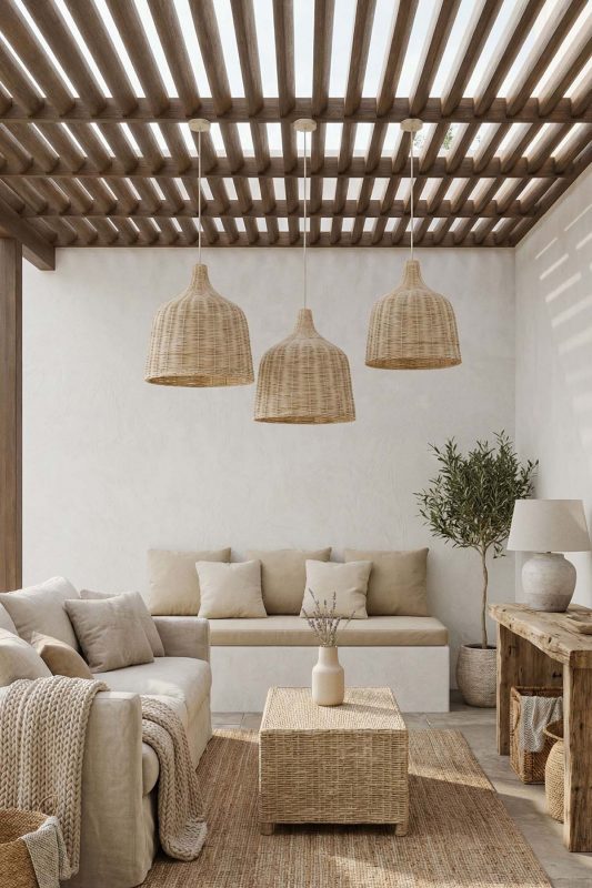 Scandinavian Living Room Triple Woven Rattan Pendant Lights Wooden Slat Ceiling