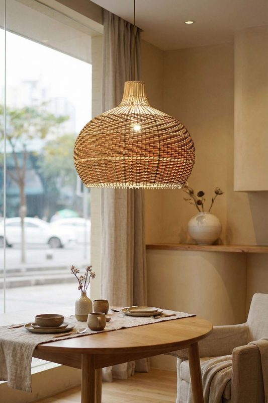 Warm Dining Room Round Woven Rattan Pendant Light Wooden Table Interior