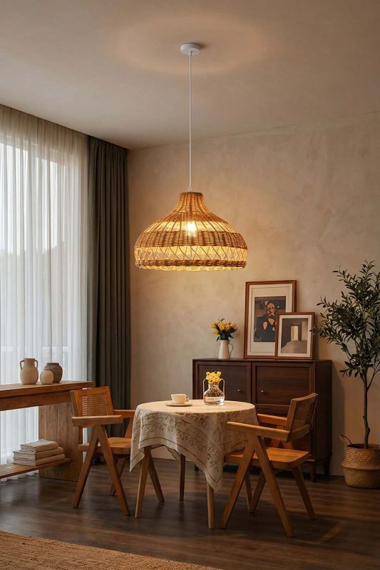 Warm Dining Room Woven Rattan Pendant Light Intimate Evening Lighting