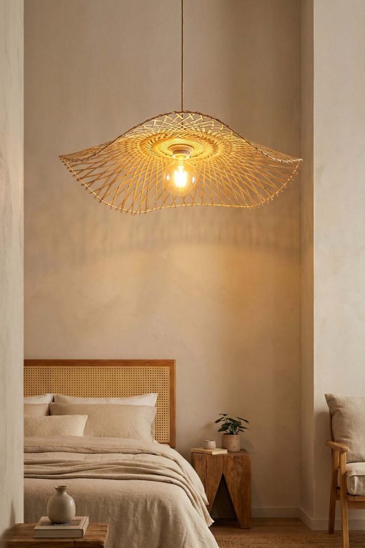 Warm Minimalist Bedroom Rattan Soft Light