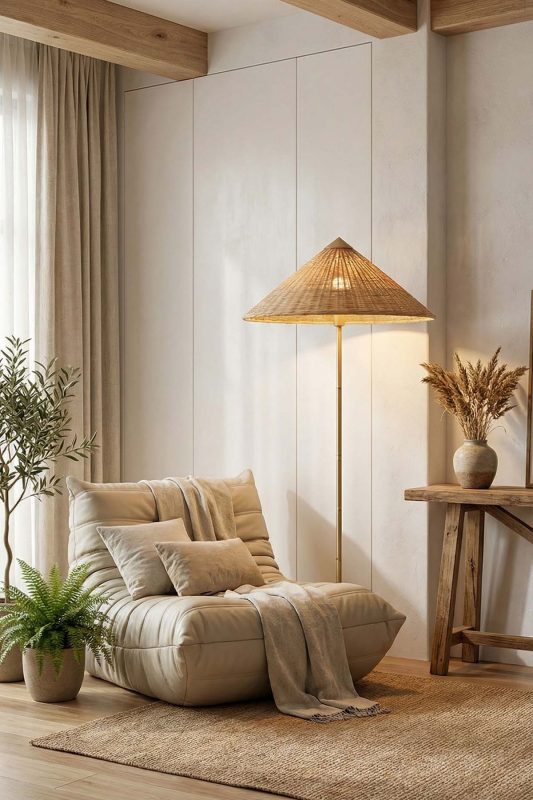 Warm Minimalist Living Room Rattan Shade Floor Lamp Cozy Neutral Interior