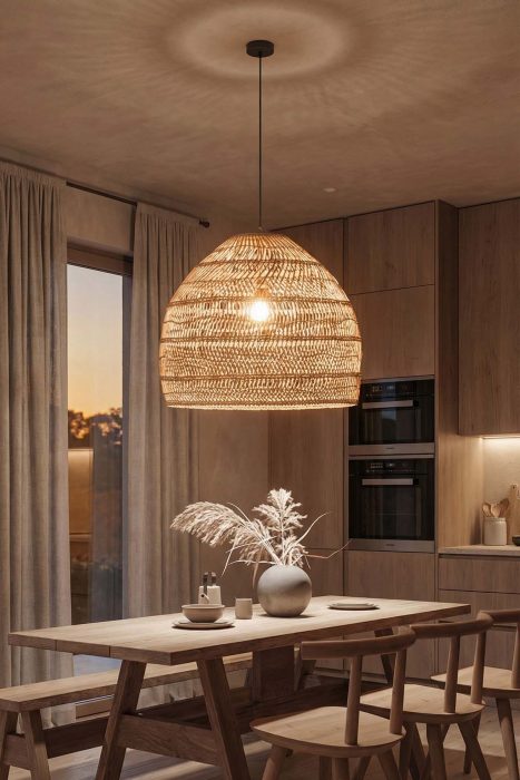 Warm Modern Kitchen Round Woven Rattan Pendant Light Wooden Cabinetry Interior