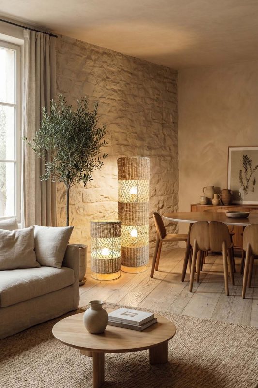 Warm Modern Living Room Rattan Floor Lamps Cozy Evening Interior