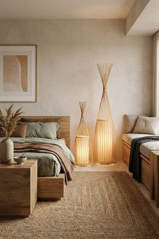 Warm Neutral Bedroom Tall Rattan Floor Lamps Cozy Minimalist Decor