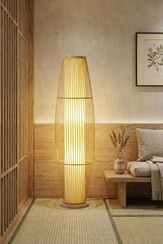 Warm Neutral Living Room Tall Woven Rattan Floor Lamp Cozy Corner Interior
