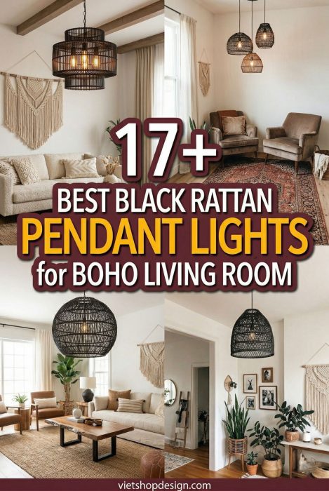 17+ Best Black Rattan Pendant Lights For Boho Living Room - Cozy Living Room Lighting Inspo