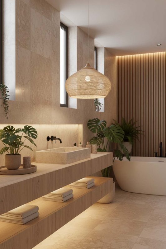 Bathroom Natural Vintage Wood Rattan Pendant Light - Spa-like Ambience