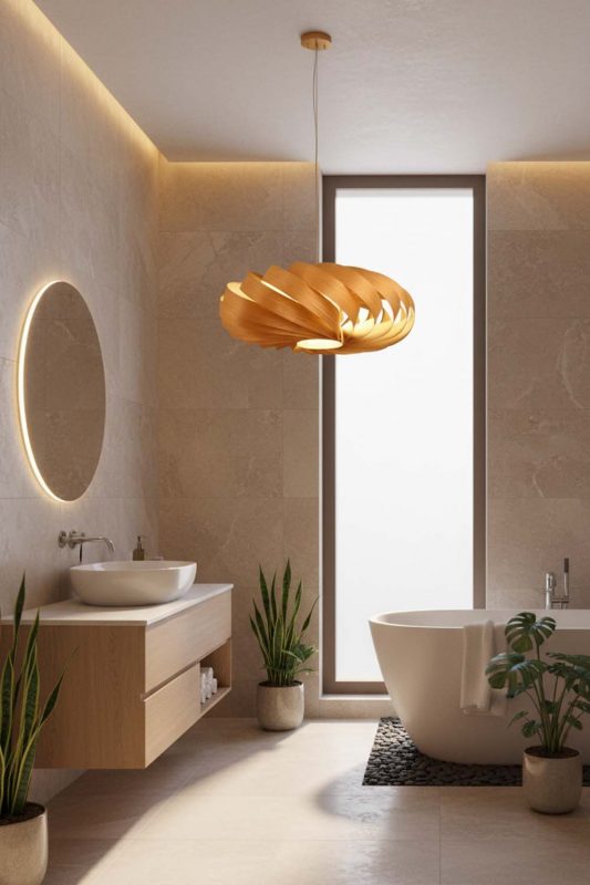 Bathroom Round Spiral Wood Pendant - Calm & Luxurious