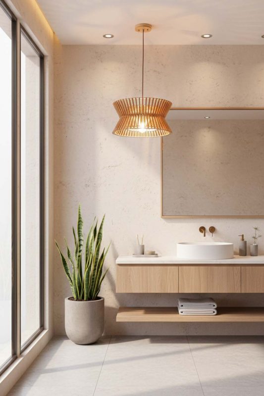 Bathroom Round Wood Slat Pendant Light - Minimal & Modern