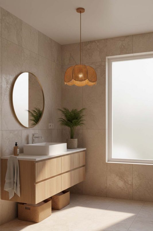Bathroom Scalloped Wicker Lampshade - Spa-like Ambience