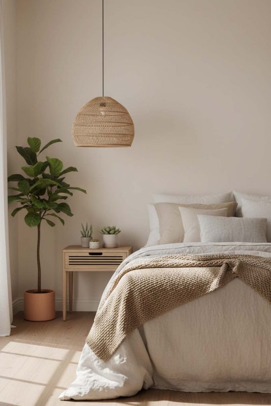 Bedroom Beige Rattan Cage Pendant Light - Minimal & Serene