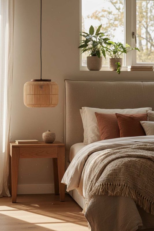 Bedroom Beige Rattan Capsule Pendant Light - Calm & Peaceful