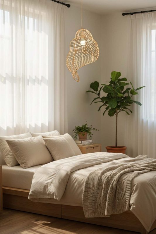 Bedroom Beige Rattan Spiral Pendant Light - Cozy & Relaxing