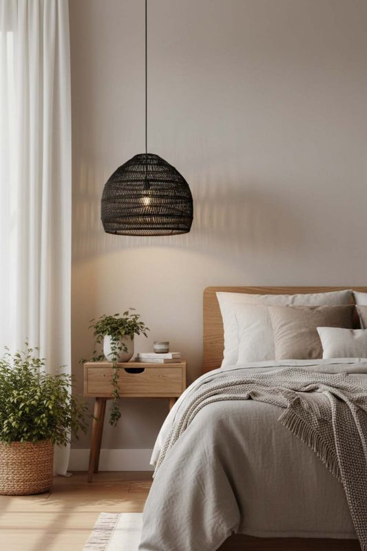 Bedroom Black Rattan Cage Pendant Light - Cozy & Relaxing