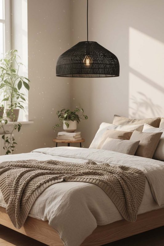 Bedroom Black Rattan Wide Dome Pendant Light - Calm & Peaceful
