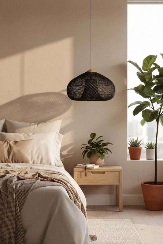 Bedroom Black Vintage Wood Rattan Pendant Light - Soft & Dreamy