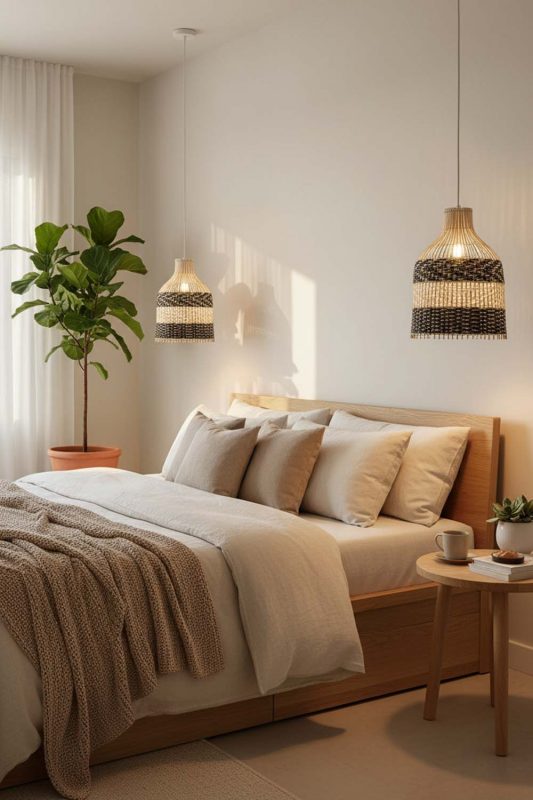 Bedroom Black White Dome Rattan Pendant - Minimal & Serene