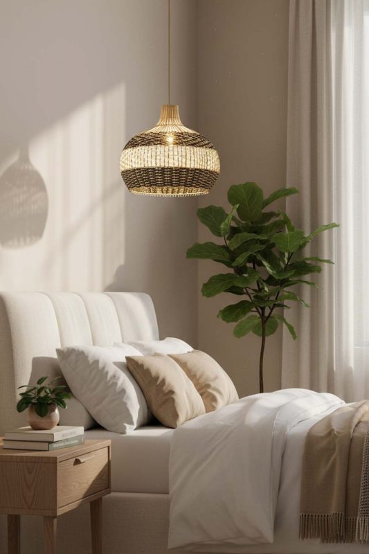 Bedroom Black White Round Rattan Pendant - Cozy & Relaxing