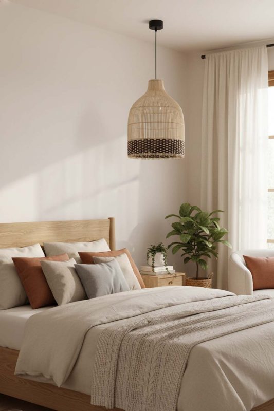 Bedroom Bottom Dark Brown Wicker Bell Pendant Light - Soft & Dreamy