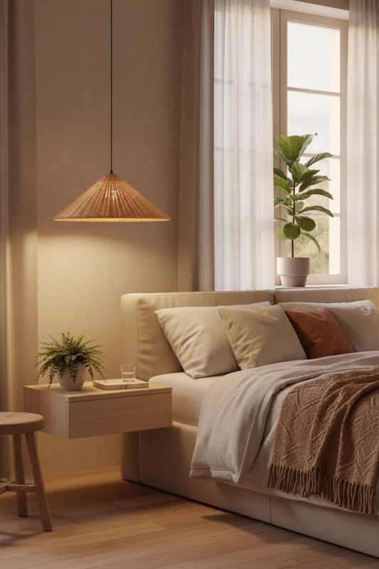 Bedroom Brown Rattan Cone Pendant Light - Minimal & Serene