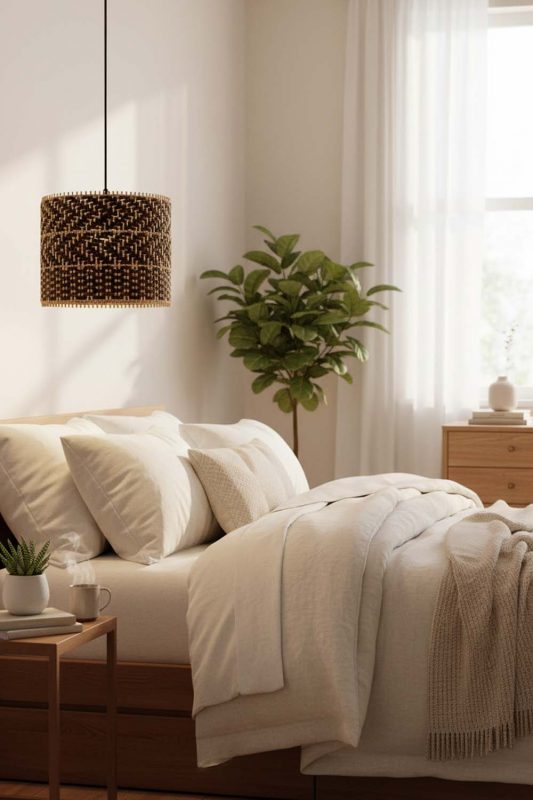 Bedroom Dark Rattan Drum Pendant Light - Romantic & Warm