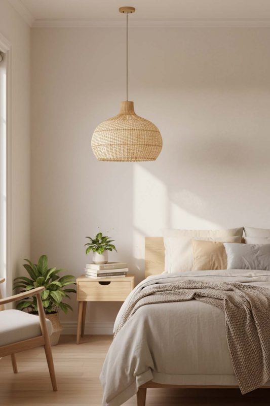 Bedroom Full White Rattan Pendant Light - Romantic & Warm