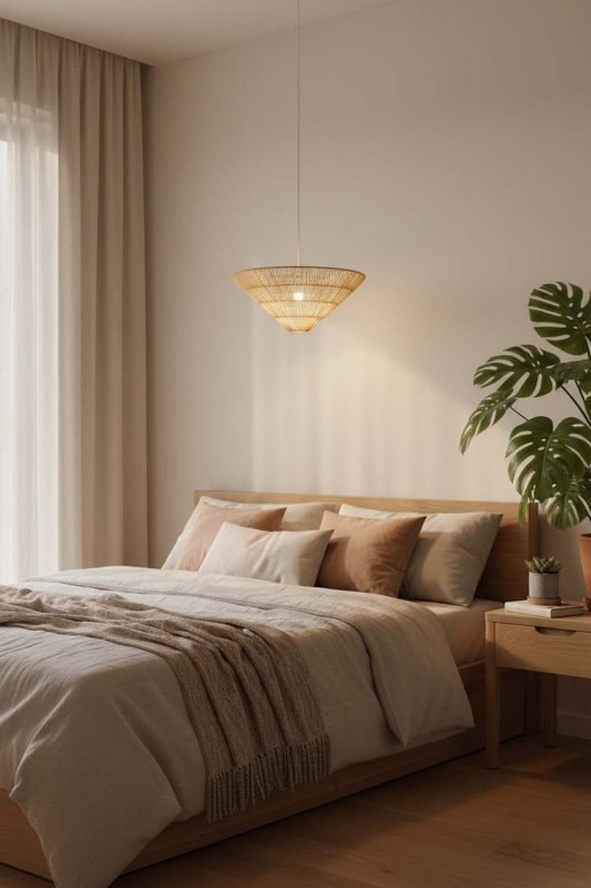 Bedroom Inverted Pyramid Rattan Pendant Light - Cozy & Relaxing