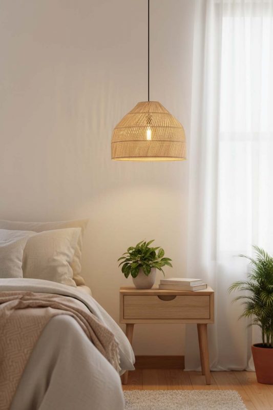 Bedroom Natural Rattan Wide Dome Fixture - Cozy & Relaxing