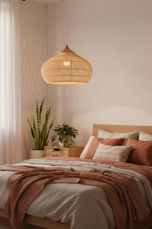 Bedroom Natural Vintage Wood Rattan Pendant Light - Calm & Peaceful