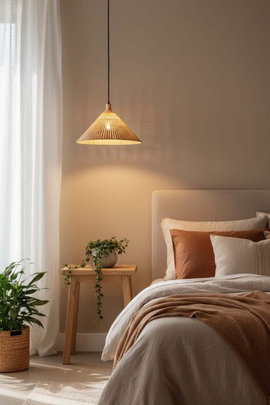 Bedroom Rattan Cone Pendant Light - Cozy & Relaxing