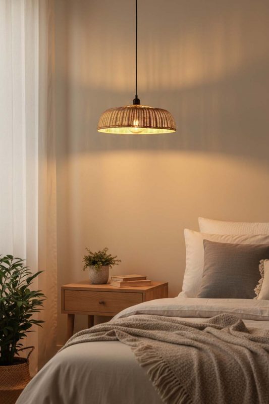 Bedroom Rattan Disc Pendant Light - Calm & Peaceful