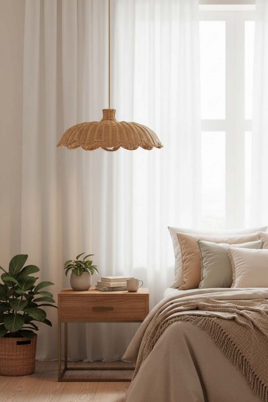 Bedroom Rattan Scalloped Lampshade - Soft & Dreamy