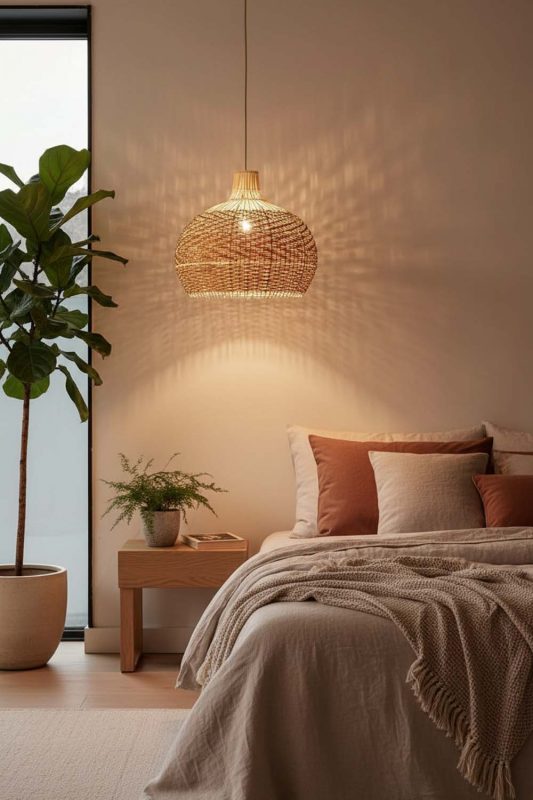 Bedroom Red Orange Rattan Pendant Light - Soft & Dreamy