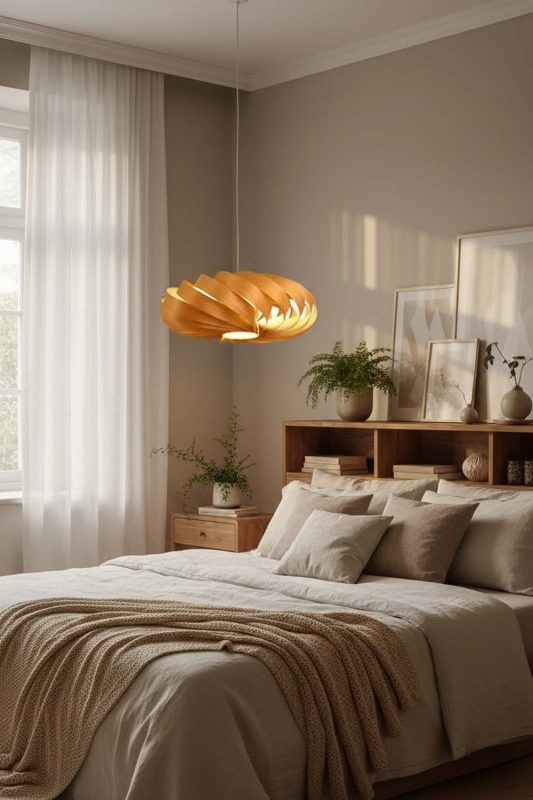 Bedroom Round Spiral Wood Pendant - Minimal & Serene