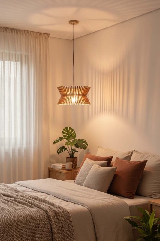 Bedroom Round Wood Slat Pendant Light - Romantic & Warm