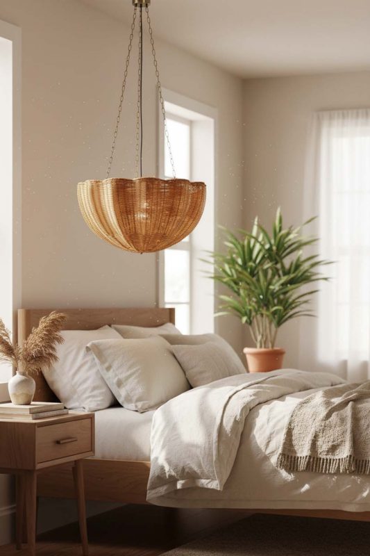 Bedroom Scalloped Rattan Pendant Light - Cozy & Relaxing