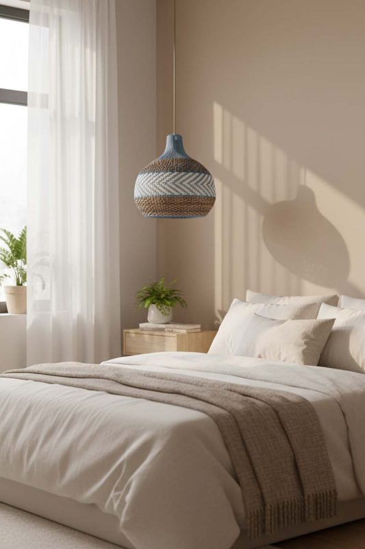 Bedroom Tan Brown White Rattan Pendant Light - Cozy & Relaxing