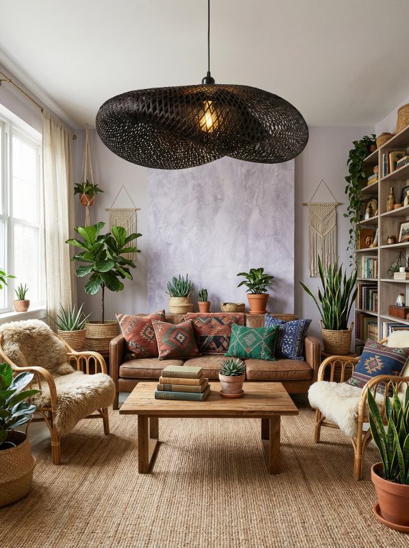 Black Wicker Bird Nest Pendant Light Boho Living Room