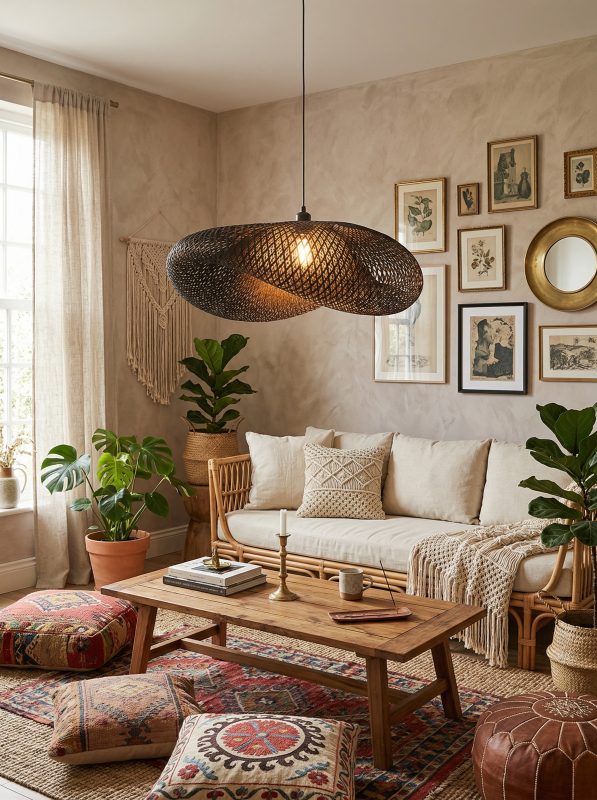 Black Wicker Bird Nest Pendant Light Boho Style