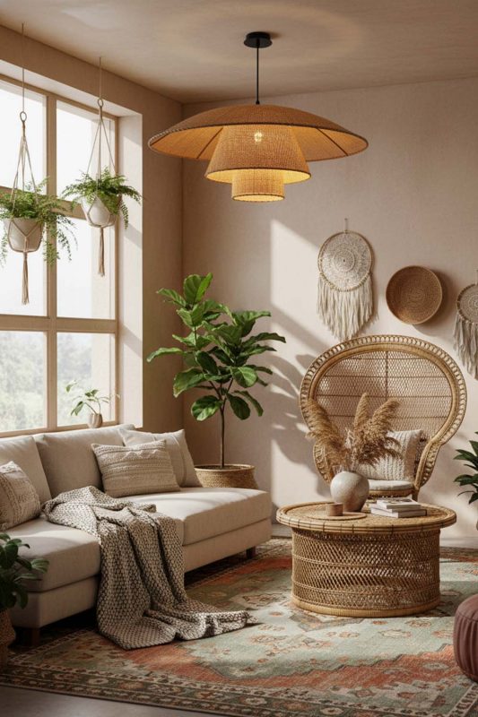 Boho 3 Tier Rattan Chandelier - Warm & Textured