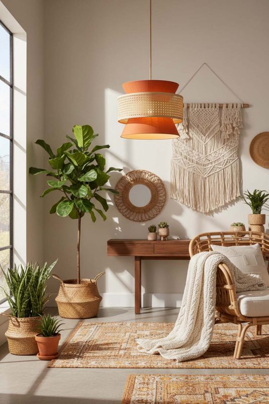 Boho Bamboo Fabric Shade Pendant Light - Vibrant & Creative