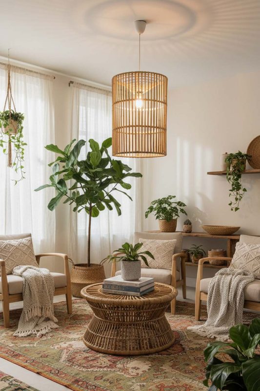 Boho Bamboo Geometric Pendant Light Cylinder - Free-spirited & Cozy