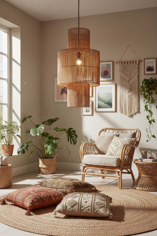 Boho Bamboo Lantern Geometric Pendant Light - Relaxed & Stylish