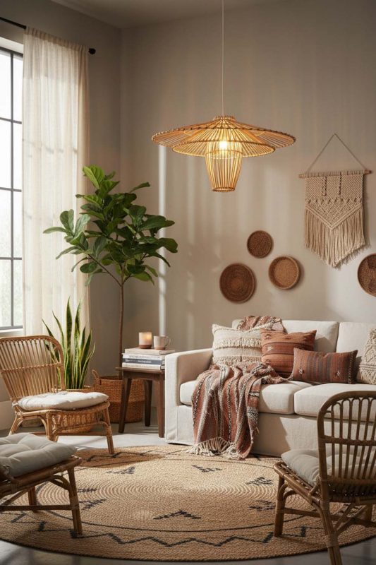 Boho Beige Bamboo Starburst Pendant Light - Artistic & Unique
