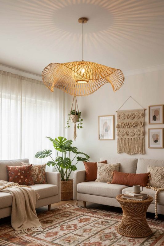 Boho Beige Lotus Bamboo Pendant Light - Artistic & Unique