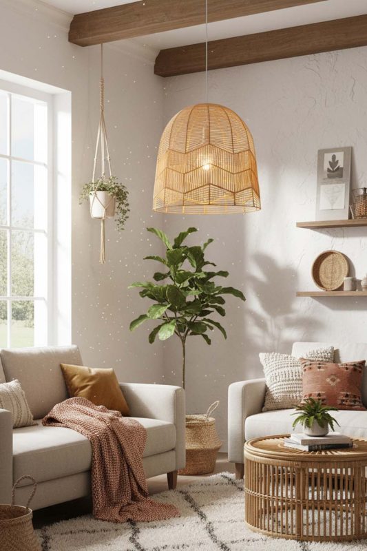 Boho Beige Rattan Birdcage Pendant Light - Warm & Textured