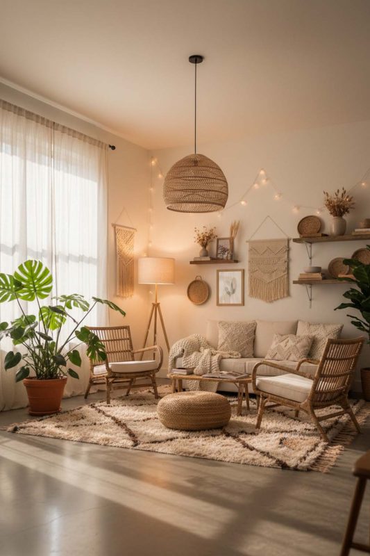 Boho Beige Rattan Cage Pendant Light - Vibrant & Creative