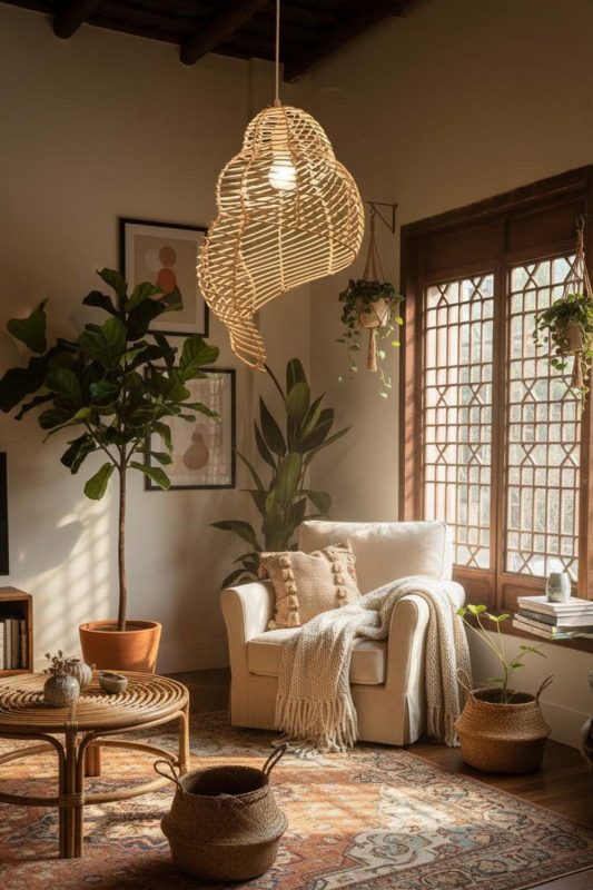 Boho Beige Rattan Spiral Pendant Light - Free-spirited & Cozy