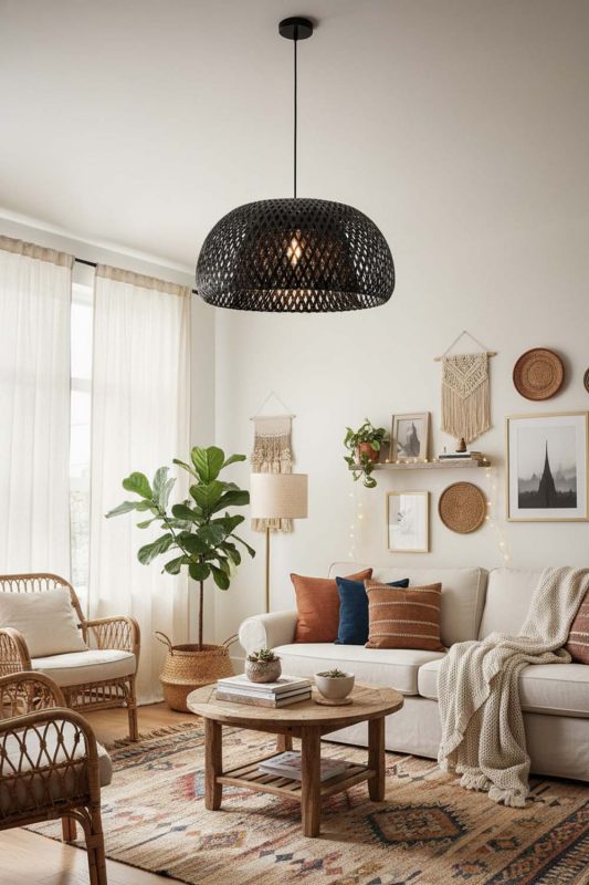 Boho Black Bamboo Basket Light Shade - Artistic & Unique